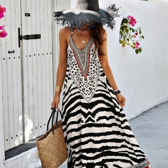 White Boho Womens Animal Print Backless Halter Neck Dress - Picture 4 of 5